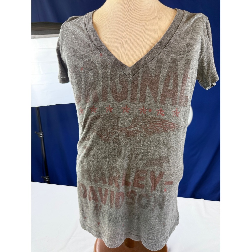 Harley-Davidson San Diego Graphic V-Neck T-Shirt Gray Womens Large Distressed